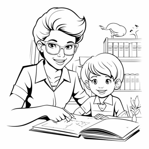 Mother and son reading a book together. Black and white illustra