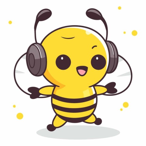 Cute cartoon bee listening to music with headphones.