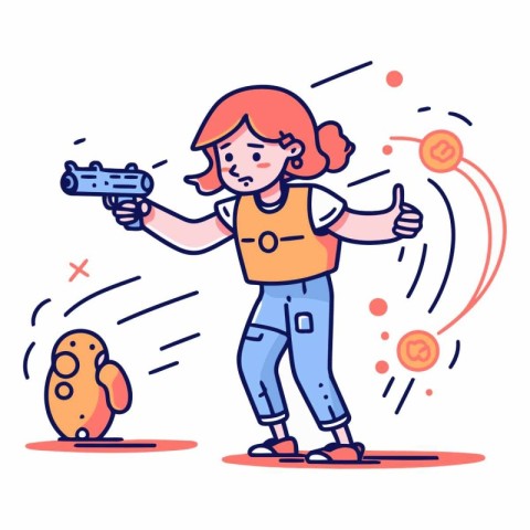 Girl playing with a gun in a flat style.