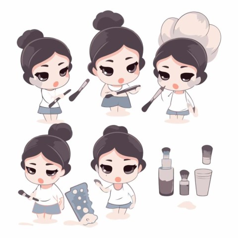 A set of cute Asian women with makeup tools.