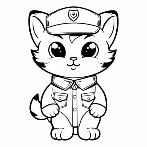 Black and White Cartoon Illustration of Cute Little Cat Police O