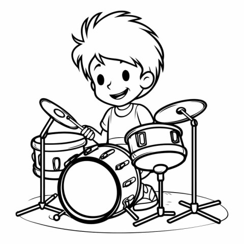 Boy playing drum set on white background for coloring book.