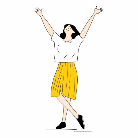 Happy young woman in casual clothes with raised hands.