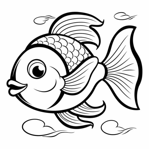 Black and White Cartoon Illustration of Cute Fish Character for