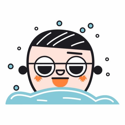 Cute cartoon boy with glasses and swimming suit.