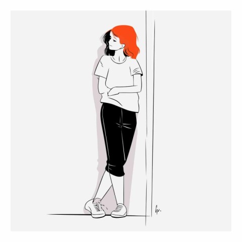 Illustration of a young woman standing in front of a door.