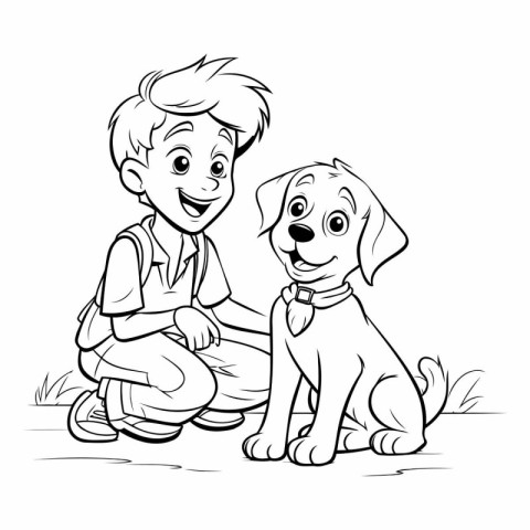 Boy and dog - black and white vector illustration for coloring b