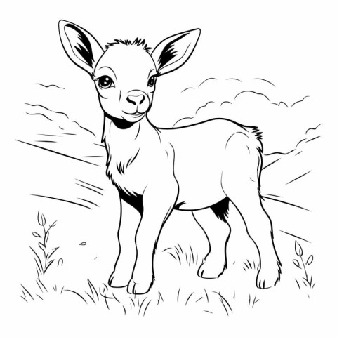 black and white illustration of a baby goat standing on a meadow