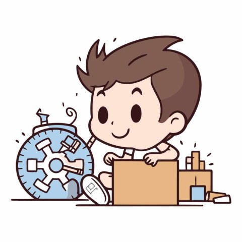 Boy with box and alarm clock in cartoon style.