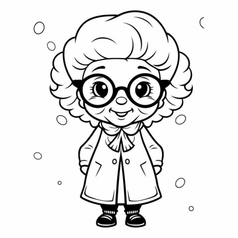 Outlined Cartoon Grandmother Character Wearing Raincoat and Glas