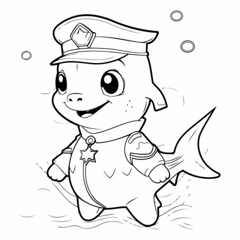 Black and White Cartoon Illustration of Cute Little Fish Captain