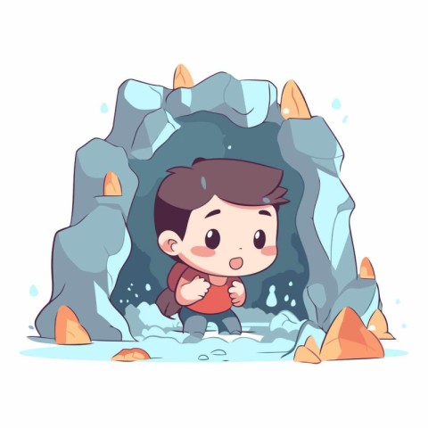 Little boy in cave. Cute cartoon character.