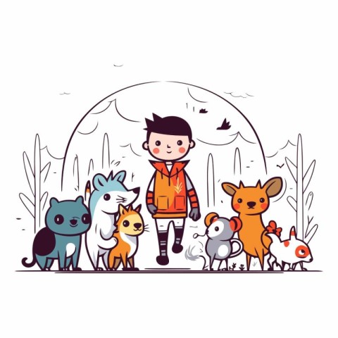 Cute little boy walking with his pets in the park.