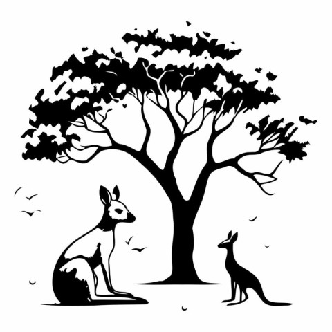 Illustration of a kangaroo and a tree on a white background