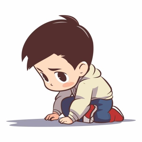 Little boy is kneeling on the floor. Cute cartoon vector illustr