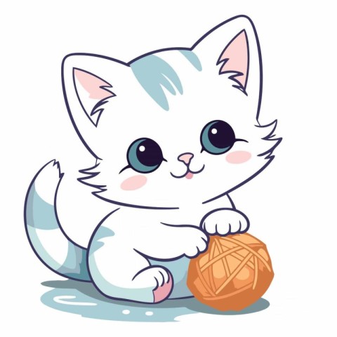 Cute cartoon cat playing with a ball of yarn.