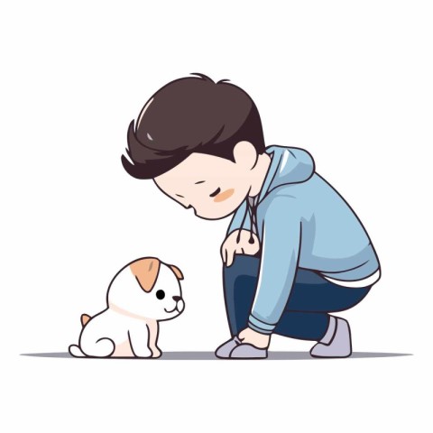 Illustration of a boy playing with a dog on a white background