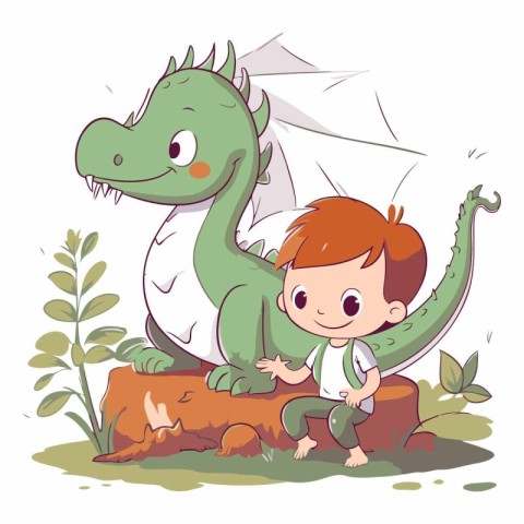 Cute little boy playing with dinosaur in the garden.