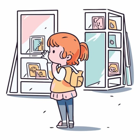 Girl looking at pictures in museum in cartoon style.