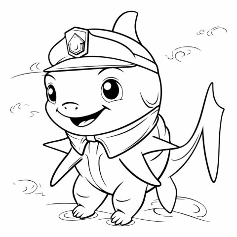 Black and White Cartoon Illustration of Cute Baby Shark Captain