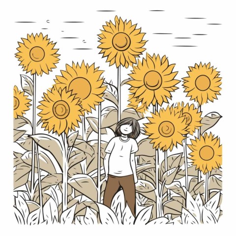 cute little girl in the field with sunflowers vector illustratio