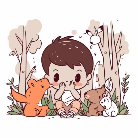 Cute little boy playing with animals in the forest.