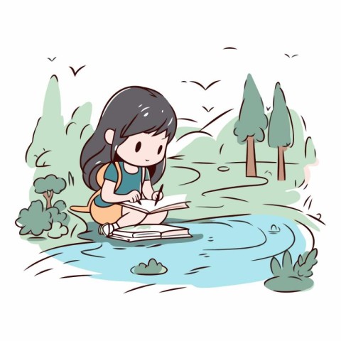 Illustration of a little girl reading a book while sitting on th