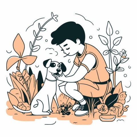 Vector illustration of a boy with a dog sitting in the garden.