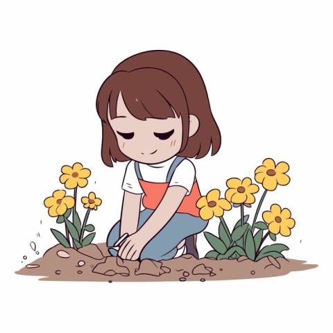 Cute little girl planting flowers in the garden.