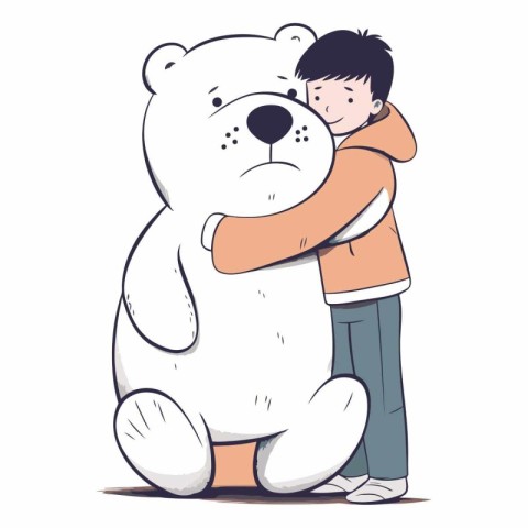 Little boy hugging a big white bear on white background.