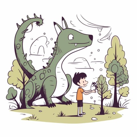 Little boy playing with a dinosaur in the park.