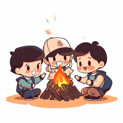 Cute cartoon kids camping by the campfire.