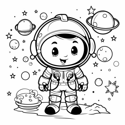 Cute cartoon astronaut in space. Black and white vector illustra