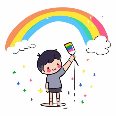 Cute little boy painting a rainbow. Hand drawn vector illustrati