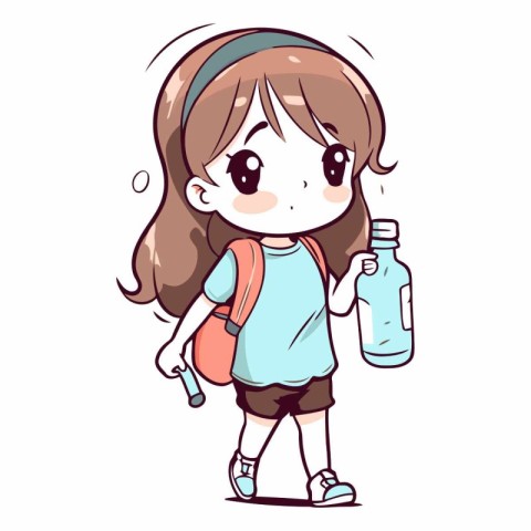 Cute little girl with backpack and bottle of water.