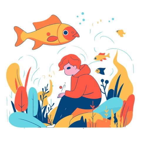 Vector illustration of a boy sitting on the seashore and looking