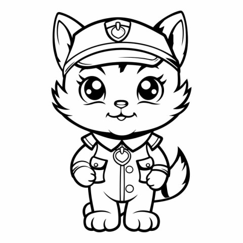 Black and White Cartoon Illustration of Cute Kitten Police Anima