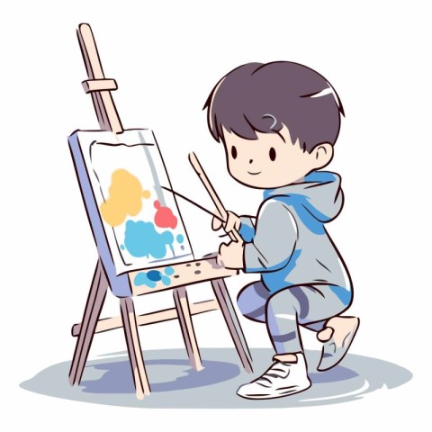 Little boy painting on easel. Cute cartoon vector illustration.