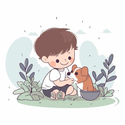 Cute little boy playing with his dog in the garden.