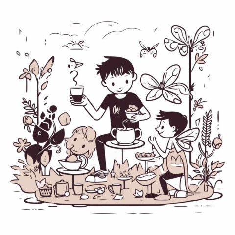 Children have a picnic in the garden in doodle style.