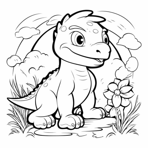 Cute Cartoon Dinosaur with flowers - Coloring book for kids.