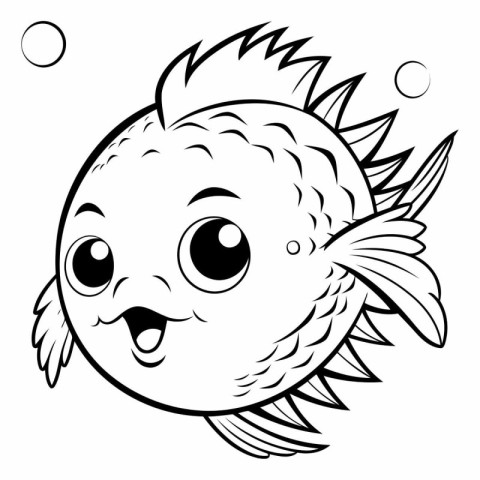 Black and White Cartoon Illustration of Cute Fish Character for