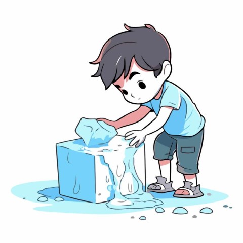 The boy washes the ice cube on white background.