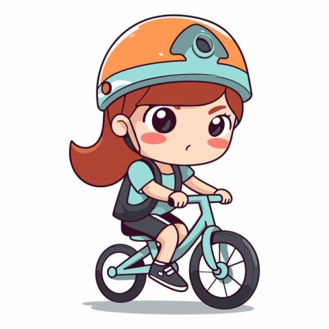 Cute little girl in helmet riding bicycle. Cartoon vector illust