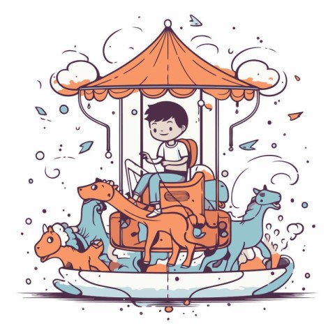 Cute little boy riding on a carousel.