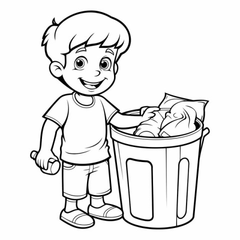 Boy throwing garbage in the bin - Black and White Cartoon Illust