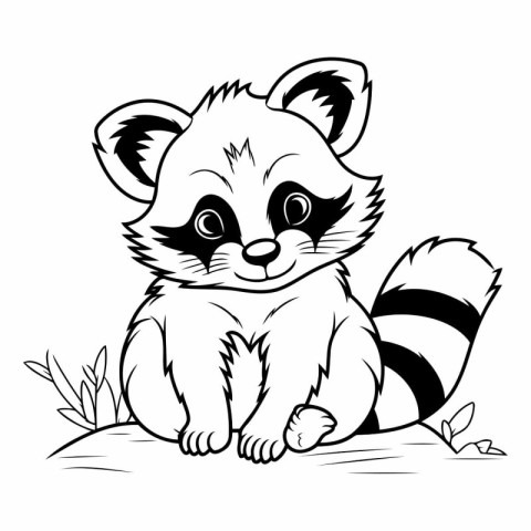 Cute Raccoon - Black and White Cartoon Illustration. Vector