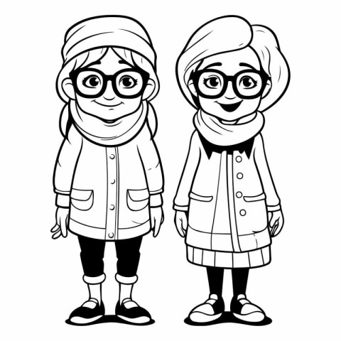 cute grandmother and granddaughter black and white cartoon vecto