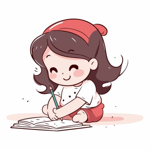 Illustration of a Cute Little Girl Writing in a Notebook