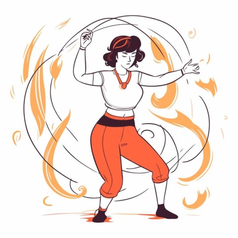 Woman dancing hip-hop on fire background. Vector hand drawn illu